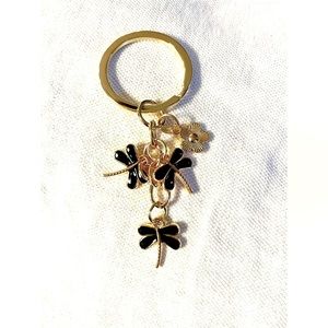Black Dragonfly & Flower Dangle Gold Tone Key Chain New with tag!
